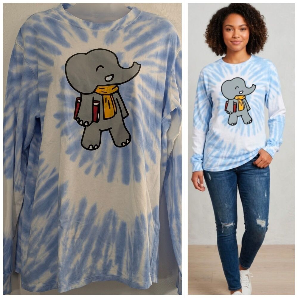 New Ivory Ella Large Baby Elephant School Tie Dye Long Sleeve T Shirt Women's